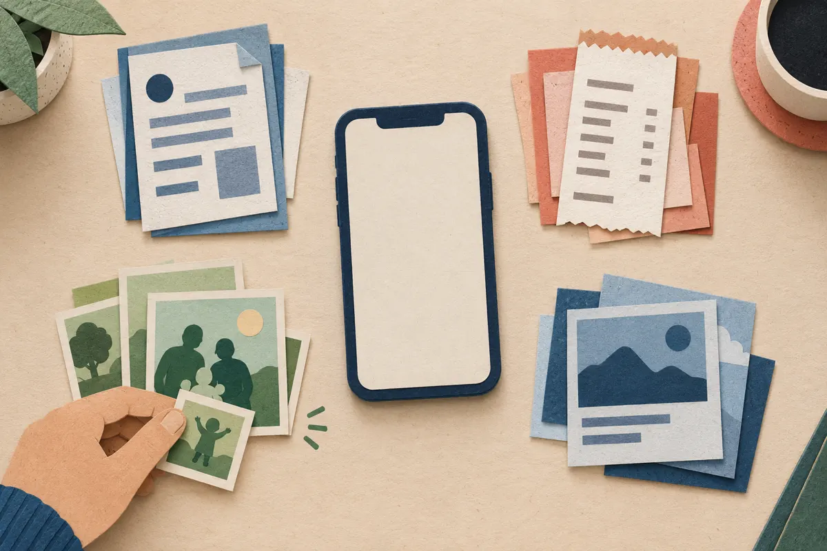 Ilustracja telefonu i zdjęć podzielonych na dokumenty, zakupy, rodzinne wspomnienia oraz materiały tymczasowe.